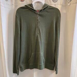 Vtg Gitano Waffle Knit Henley Hooded Thermal Green Pullover XL Y2K Top 19394